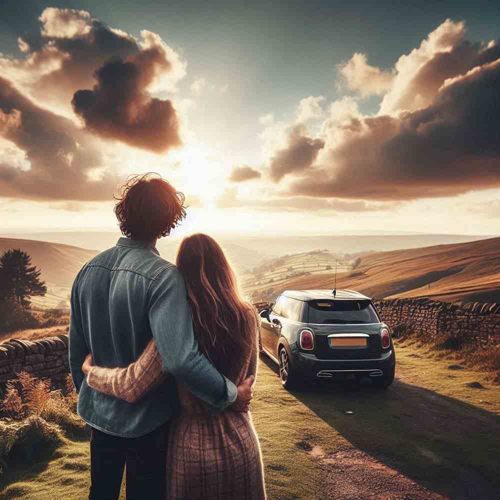 A couple smiling while admiring scenic countryside, feeling secure with their car insurance.