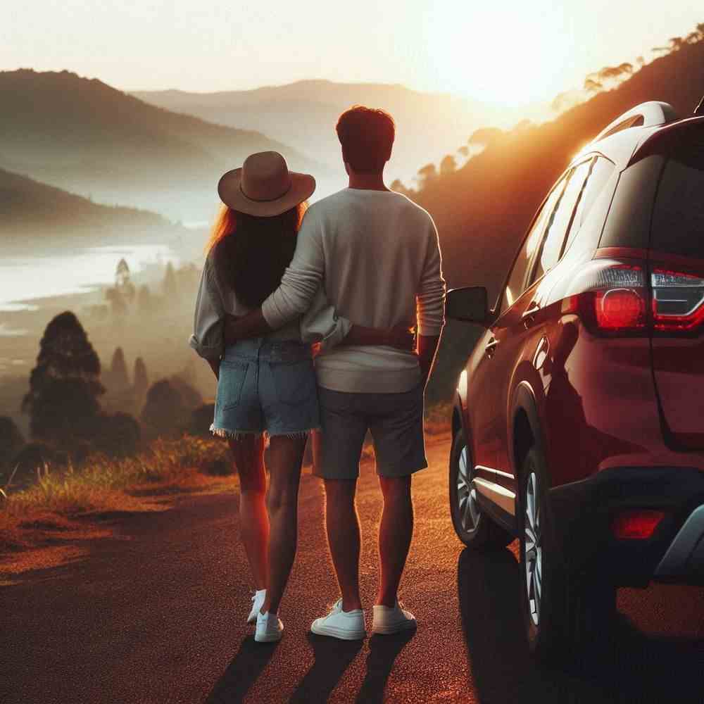 Two people by a coastal road, savouring the view with car insurance peace of mind.