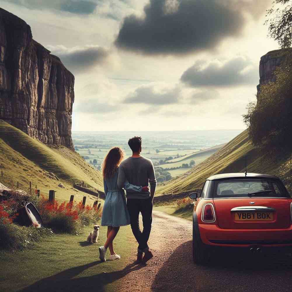 A smiling couple on a road trip, admiring a mountain range with complete confidence.