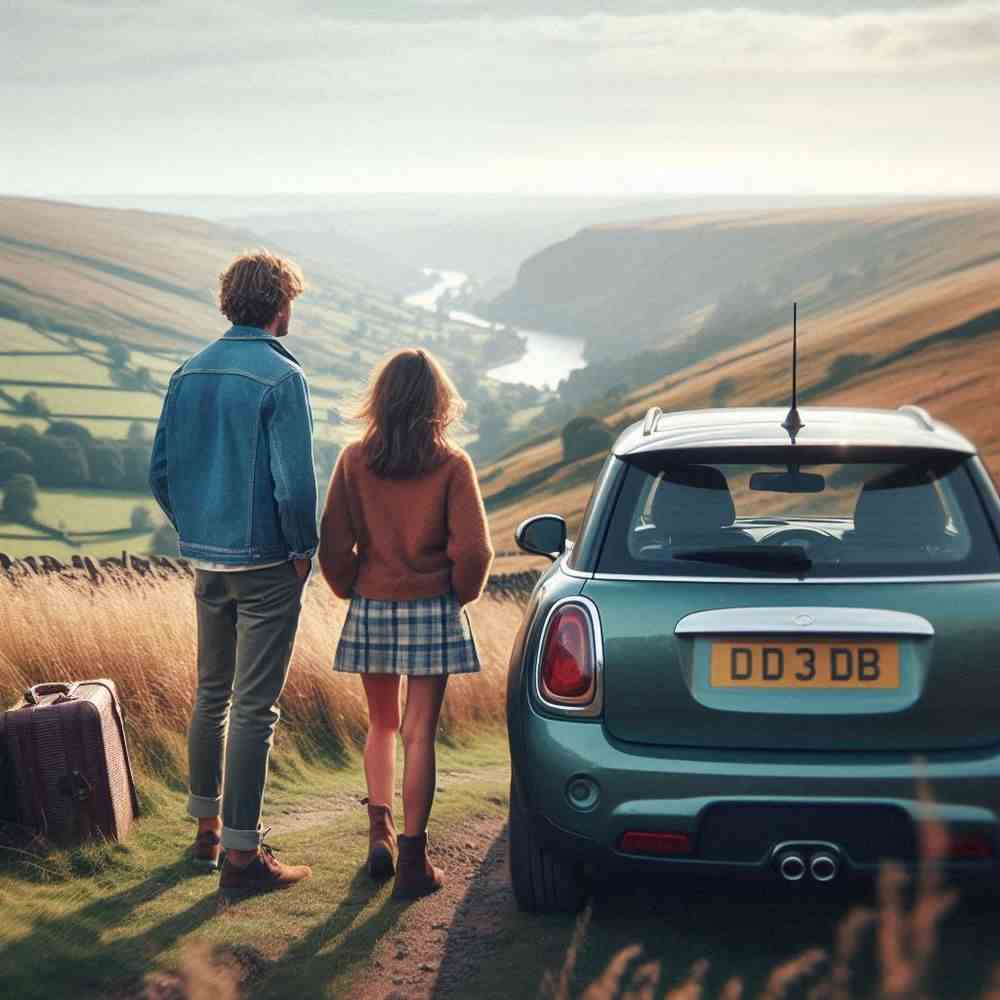 A couple hugging in a park, appreciating the ease of their car insurance.