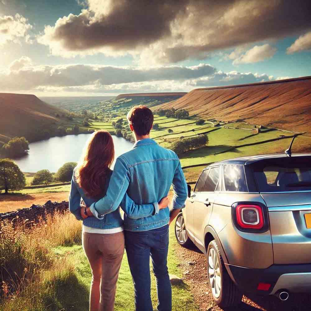 Two people taking selfies with a stunning backdrop, happy about their car cover.