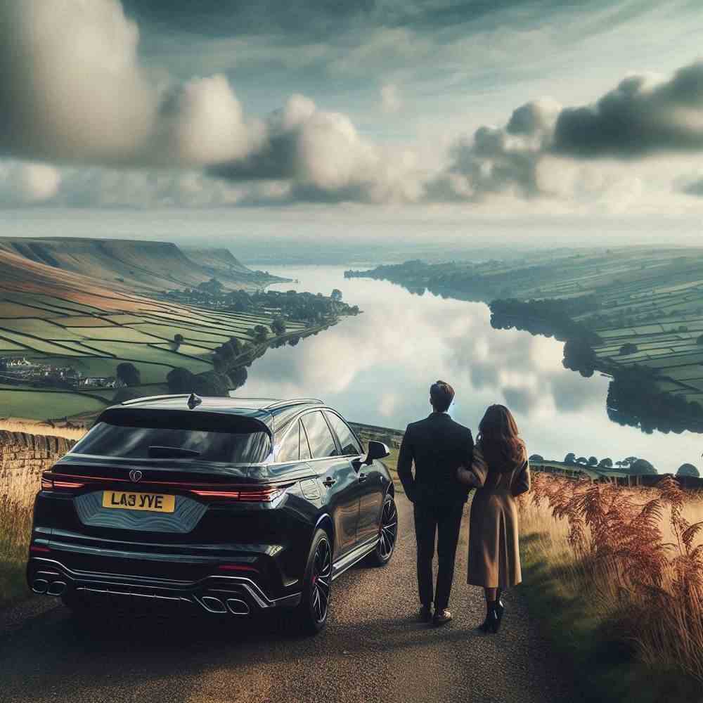 Two travellers on a road trip, appreciating scenic views and their reliable insurance.