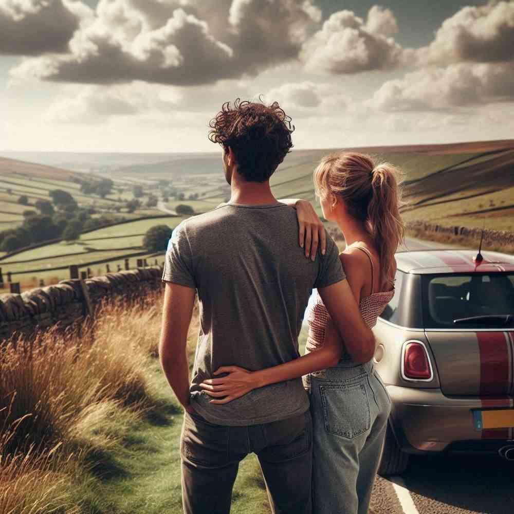 A pair standing on a pier, watching waves crash, secure in their car protection.