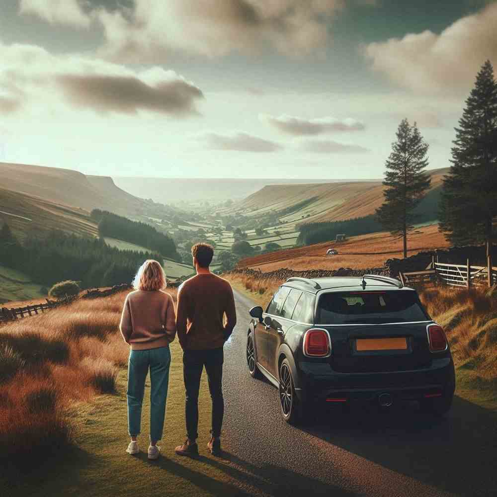 A pair standing by their car, enjoying a sunset with peace of mind from their insurance.