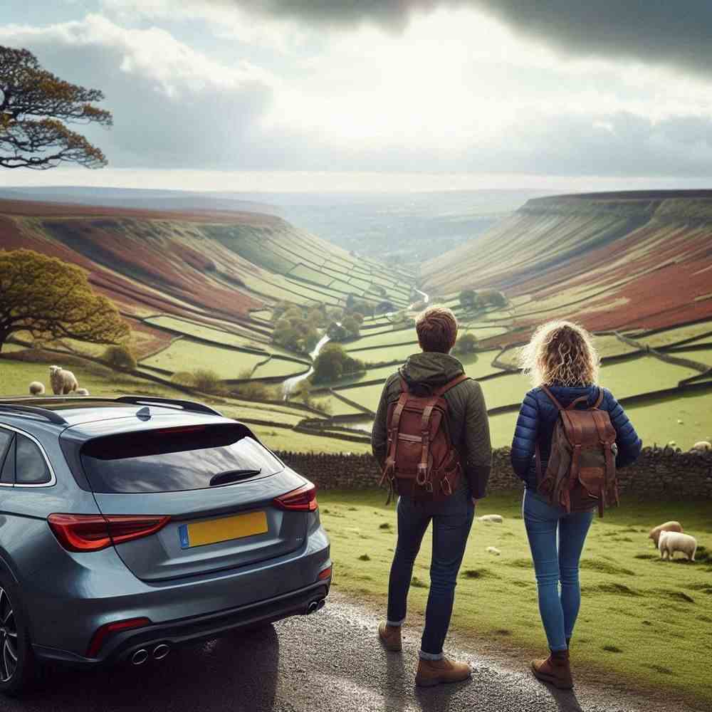 A pair overlooking a lush valley, appreciating their solid vehicle protection.