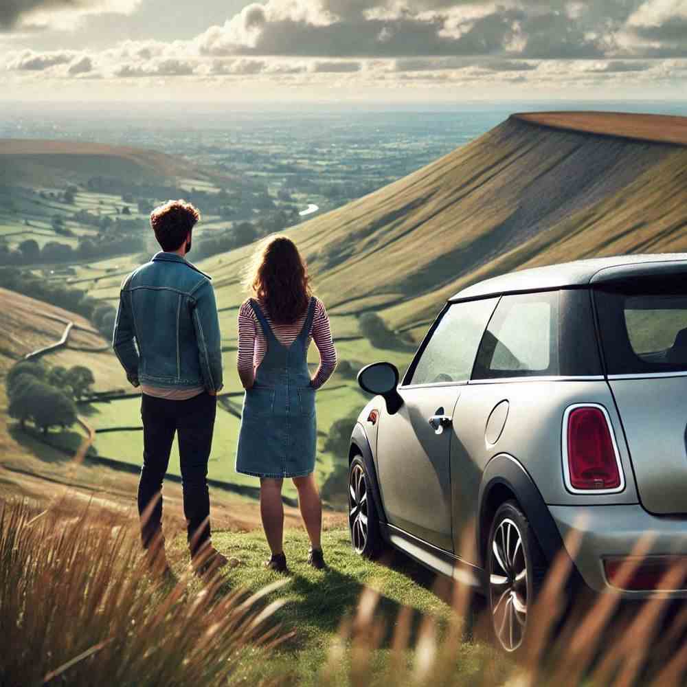 Two smiling people beside their car, enjoying the open road with peace of mind.