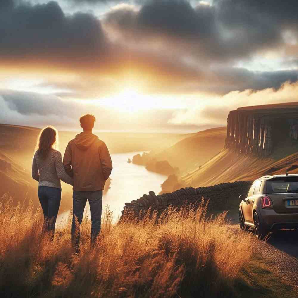 A couple holding hands by a serene lake, feeling reassured by their car cover.