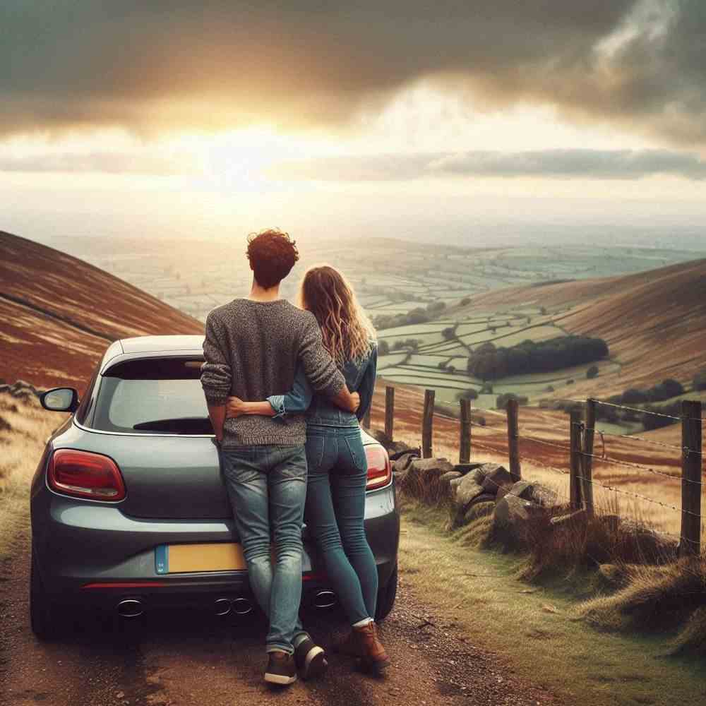 A happy pair surrounded by wildflowers, appreciating their car insurance.