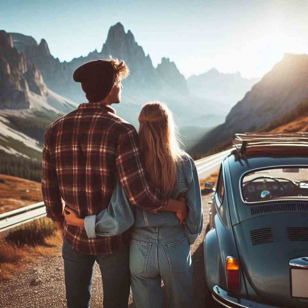 A couple beside their convertible, enjoying sweeping coastal views.