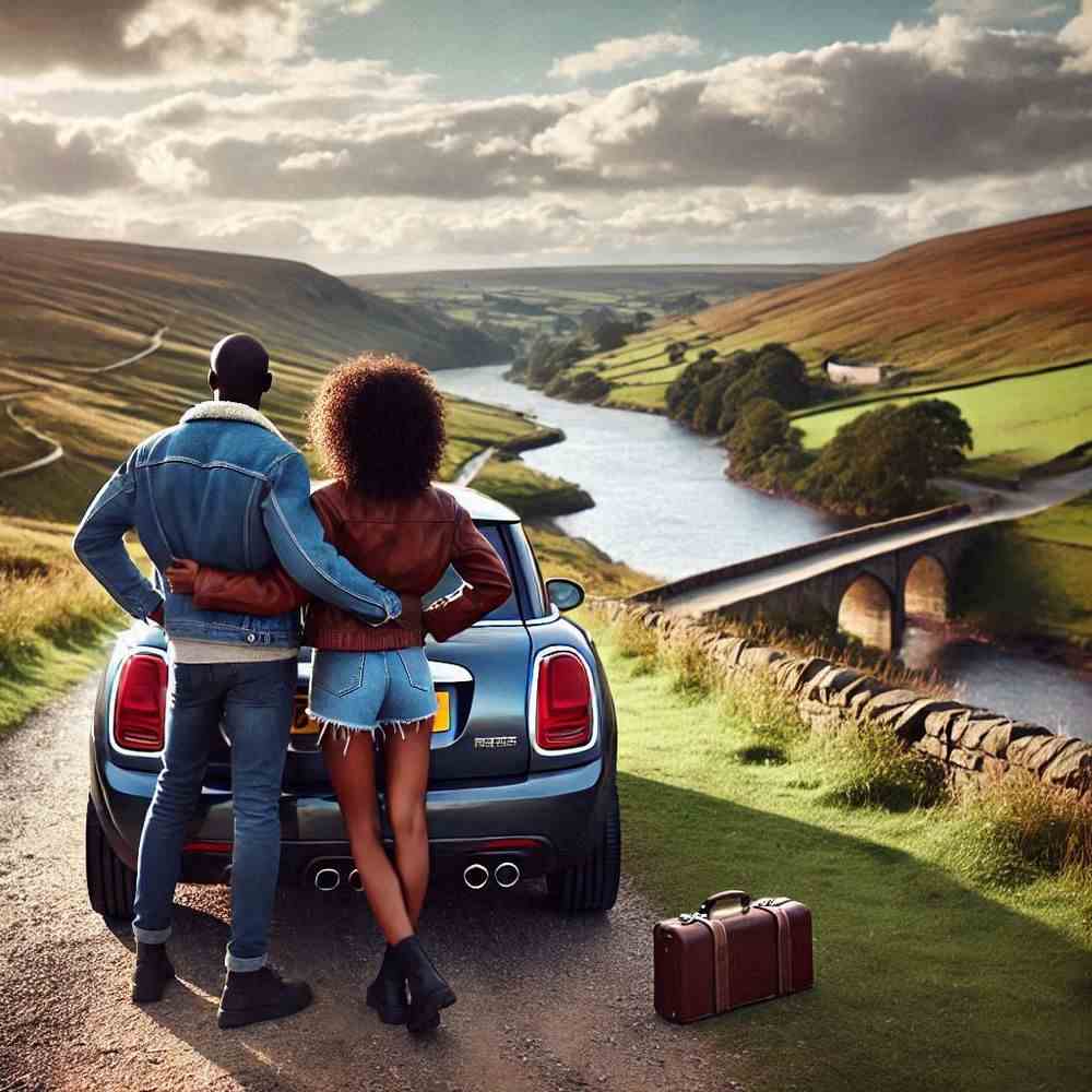 A pair in a scenic layby, happy about their car insurance and the views.