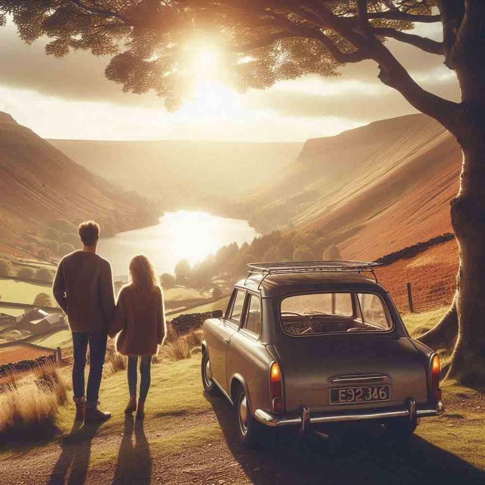 A pair walking hand in hand through the moors, assured by great car insurance.