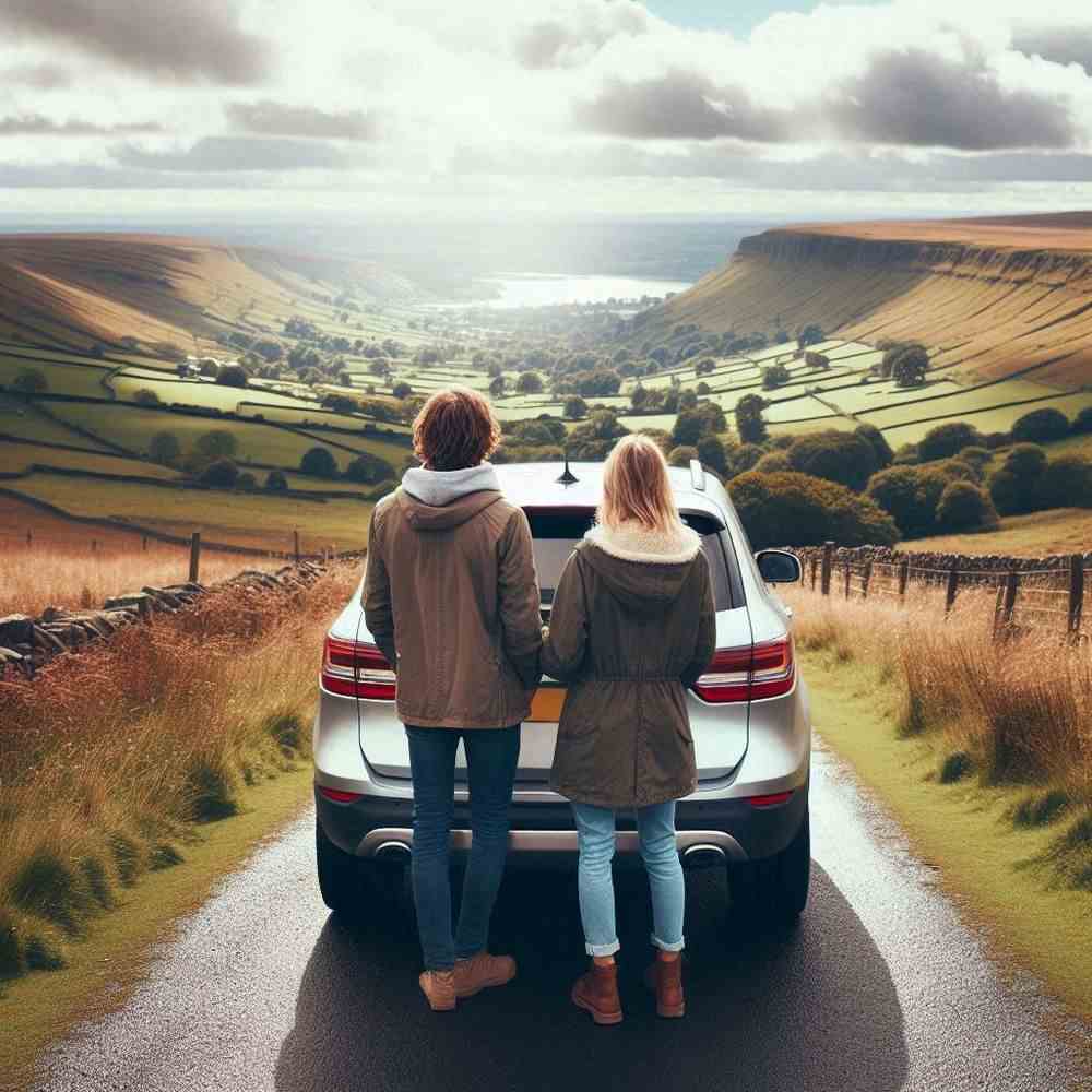 A couple enjoying the vibrant colours of a forest, relaxed by their car cover.