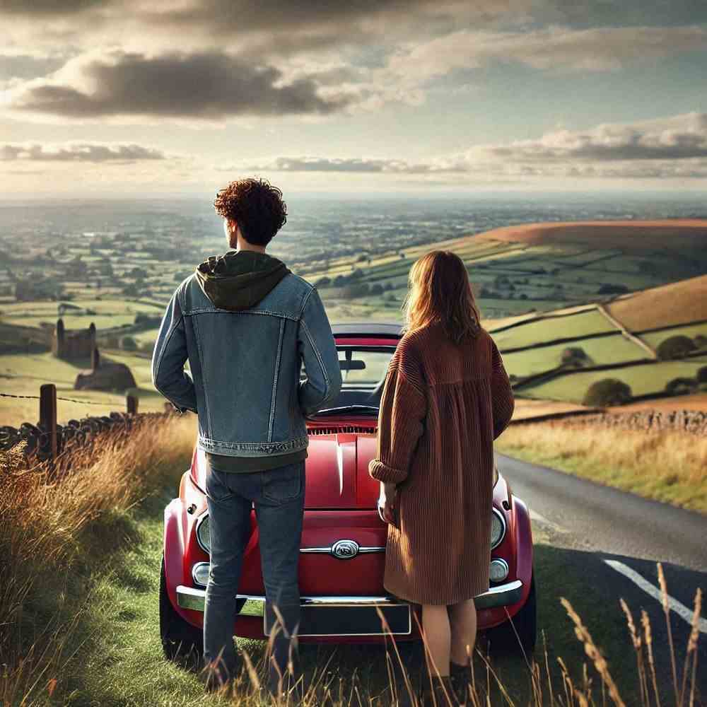 A couple posing by their car, thrilled with both the views and their policy.