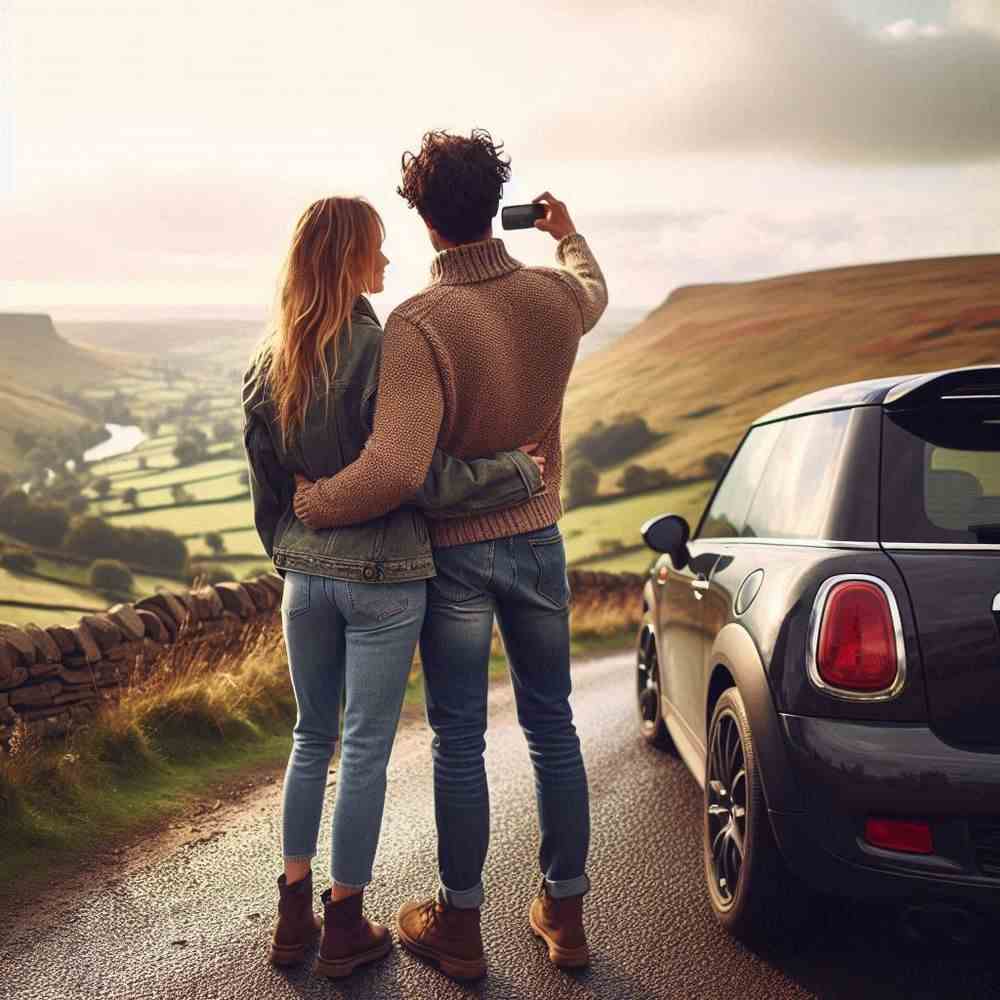 A couple sharing a tender moment in a scenic park, assured by their car insurance.