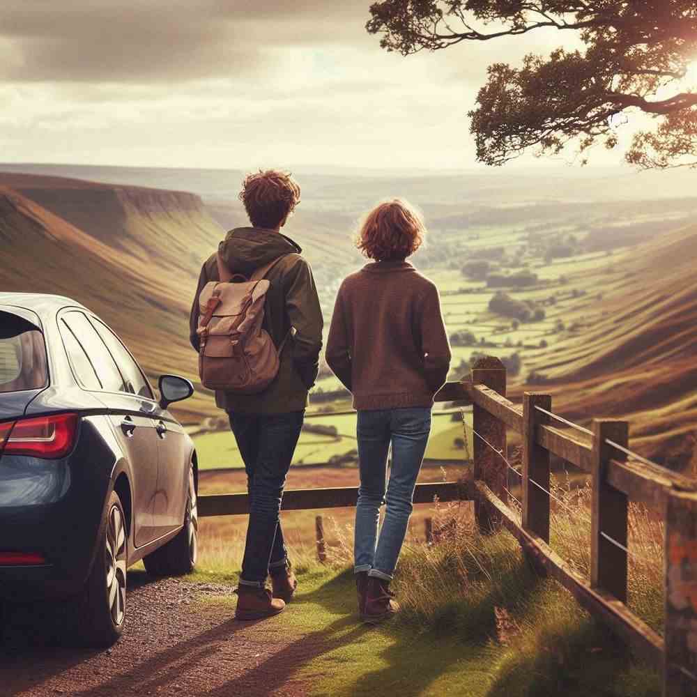 A smiling pair walking along a coastal trail, confident in their car protection.