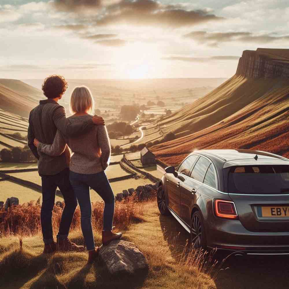 A couple standing on the edge of a tranquil loch, assured by their vehicle coverage.