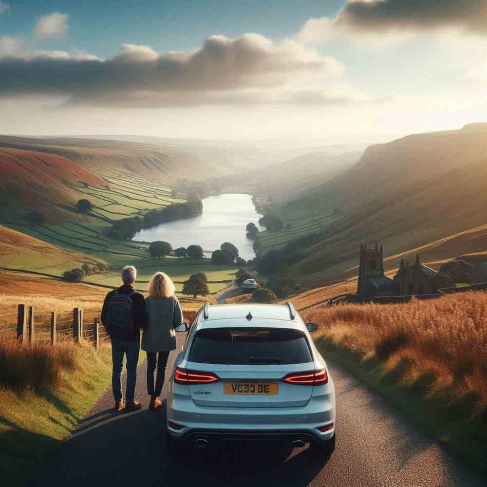 Two people watching sheep graze, their peace of mind ensured by their policy.