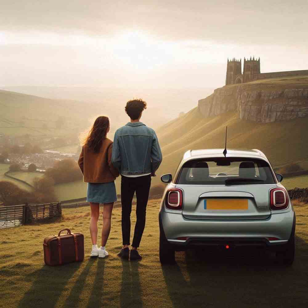 A couple parked by a scenic vineyard, appreciating the view and their car cover.