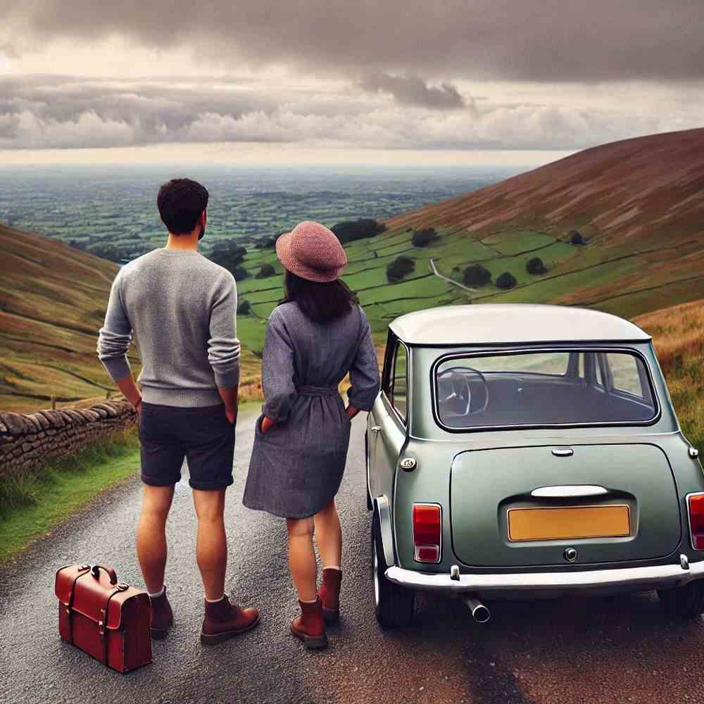 Two smiling travellers by a winding road, stress-free with great vehicle cover.