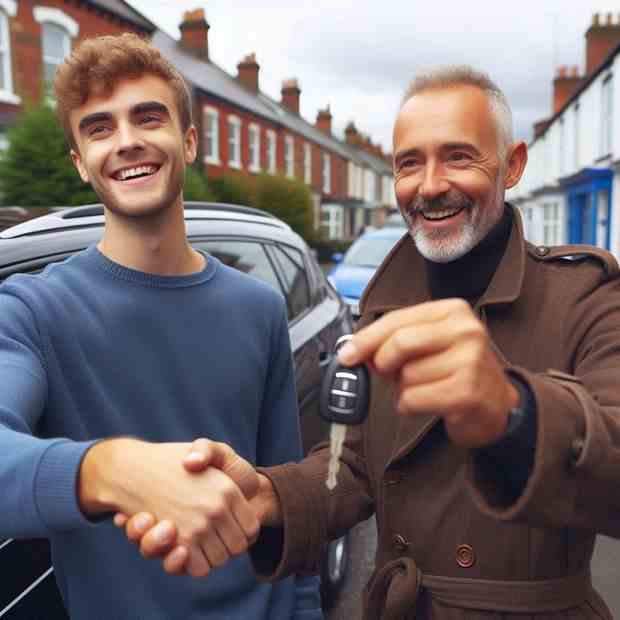 Smiling woman standing beside her car after securing the perfect insurance policy.