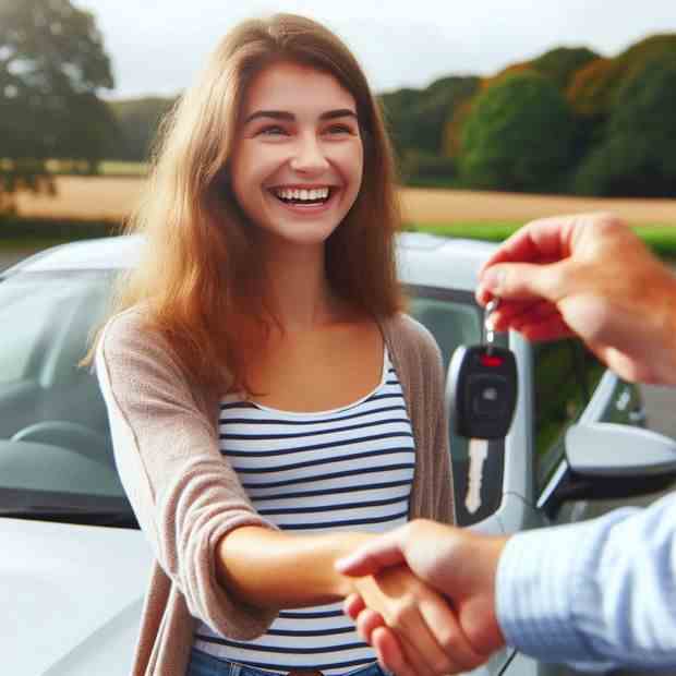 Young professional standing by her insured car, smiling with satisfaction.