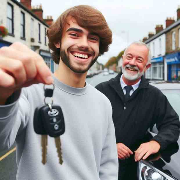 Woman in a sunny driveway, beaming with joy about her car insurance.