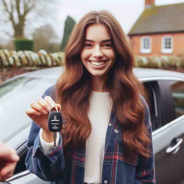 Woman with folded arms leaning on her car, happy with her policy.