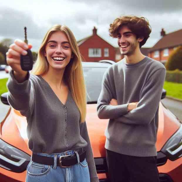 Cheerful driver posing by her vehicle after buying the perfect insurance.