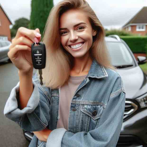 Woman resting on her car door, feeling great about her insurance choice.