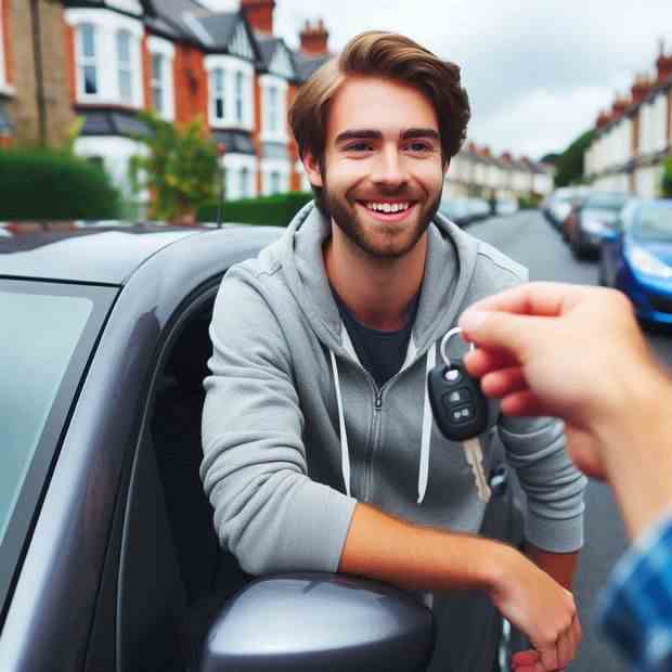 Lady with a bright smile standing by her insured car in the driveway.