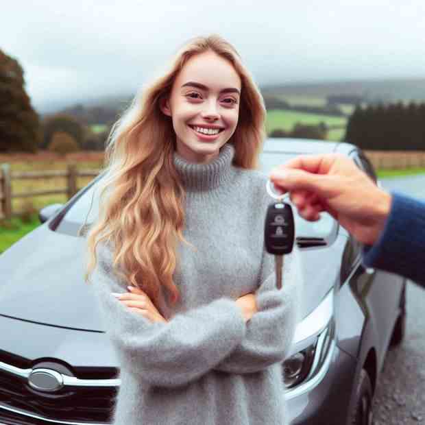 Happy woman gesturing towards her car, confident about her cover.