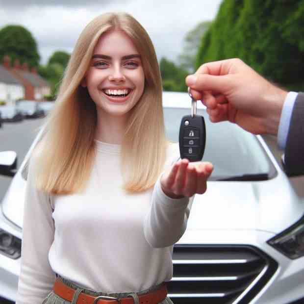 Proud car owner standing by her vehicle, smiling with satisfaction.