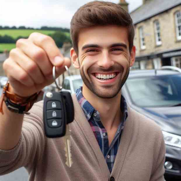 Woman standing by her shiny car, celebrating her new insurance policy.