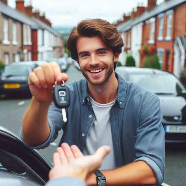 Woman celebrating her new car insurance with a big smile by her vehicle.