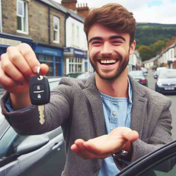 Delighted woman posing with her car, showing off her insurance deal.