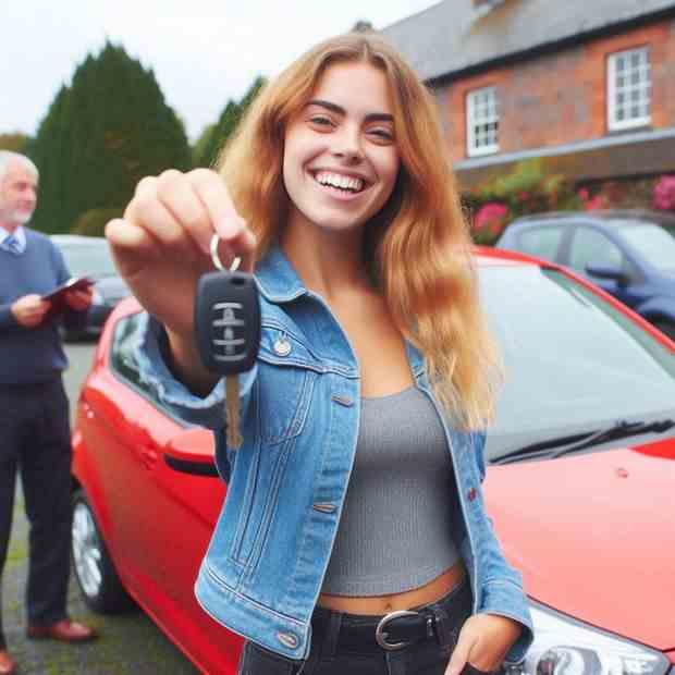 Happy driver standing by her car, holding her insurance papers.