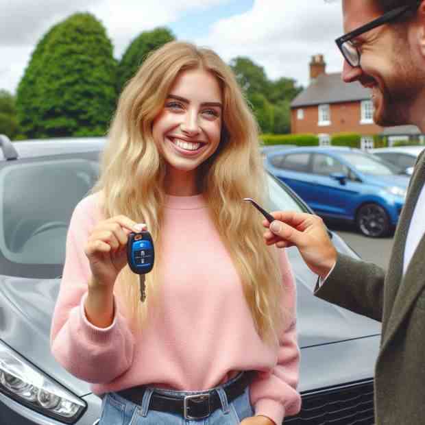 Excited woman in front of her car, beaming about her insurance.