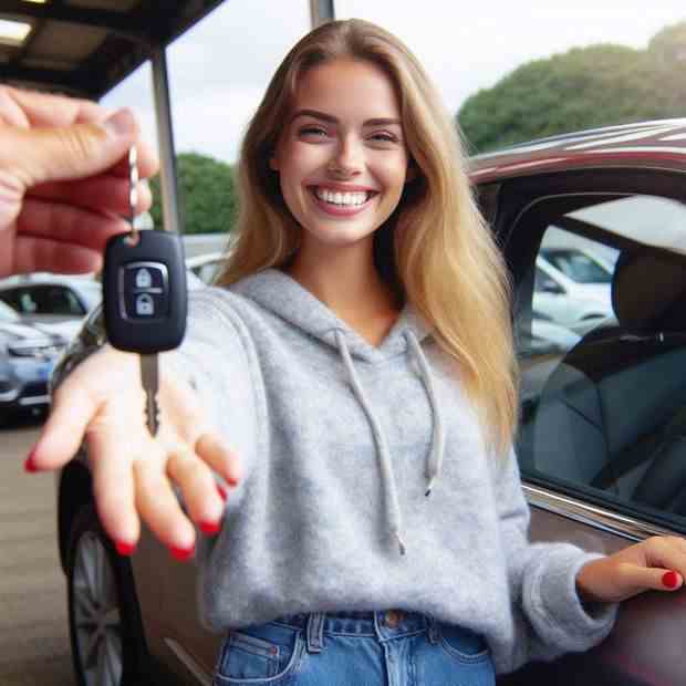 Pleased woman gesturing towards her car, showcasing her insurance choice.