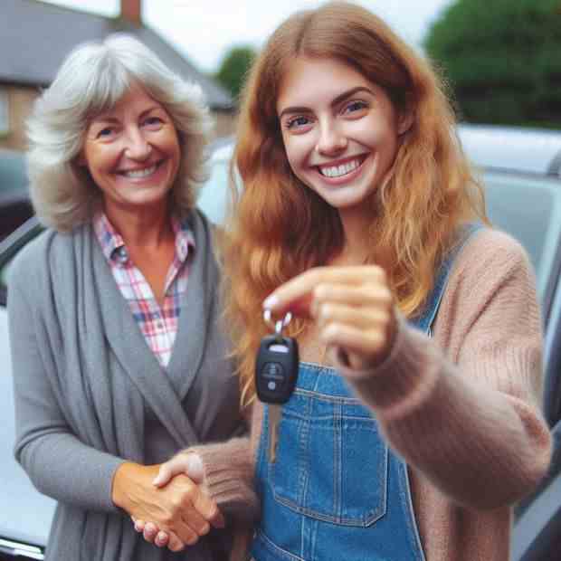 Woman pointing at her vehicle, thrilled with her policy savings.