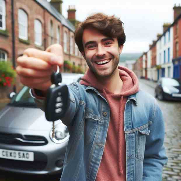 Happy woman standing next to her car, feeling secure with her insurance.