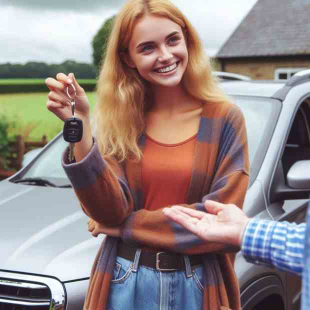 Happy woman showing her car keys next to her insured vehicle.