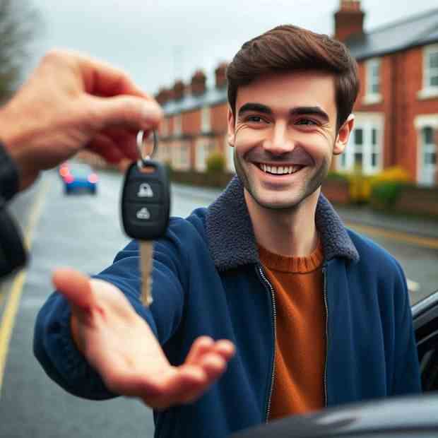 Cheerful woman posing in front of her car, confident about her insurance.