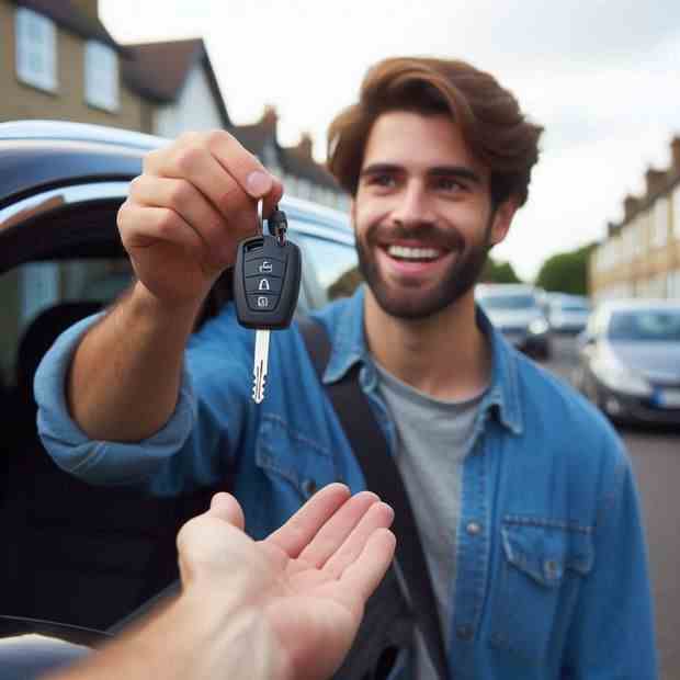 Woman giving a thumbs-up next to her car after getting a great insurance deal.