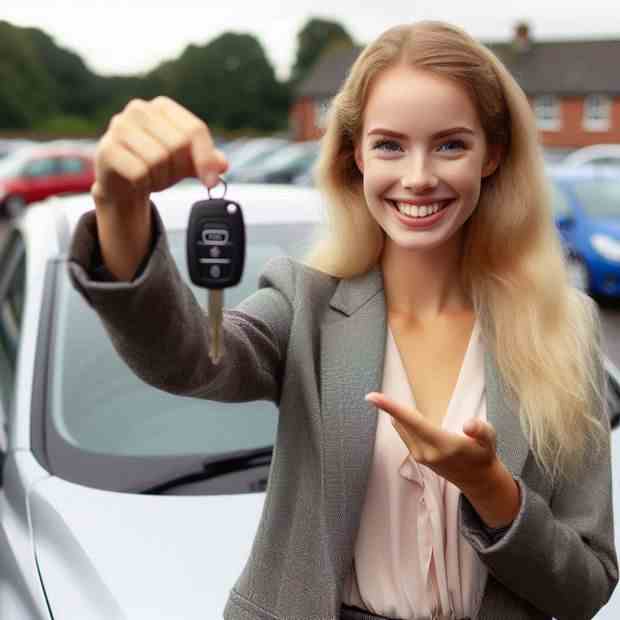 Happy woman showing her car keys, assured by her insurance policy.