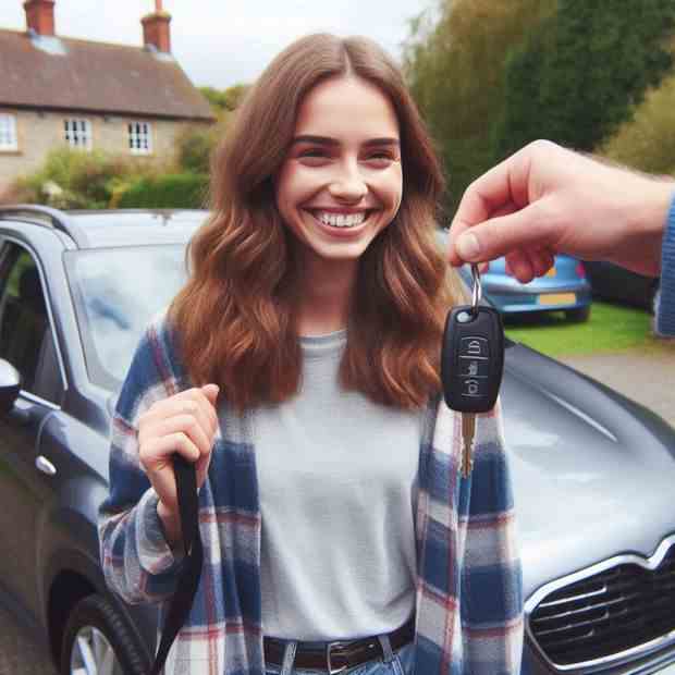 Joyful driver pointing to her car, thrilled about her insurance deal.