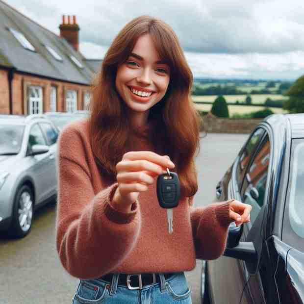 Woman leaning casually on her car roof, thrilled with her new policy.