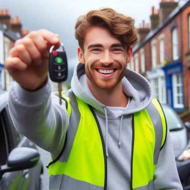 Proud car owner posing confidently with her insured vehicle.