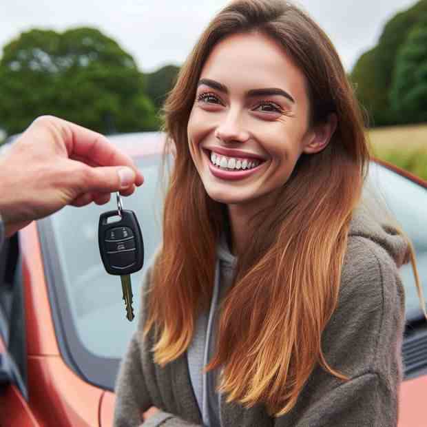 Happy driver holding her car keys, assured with her cover.