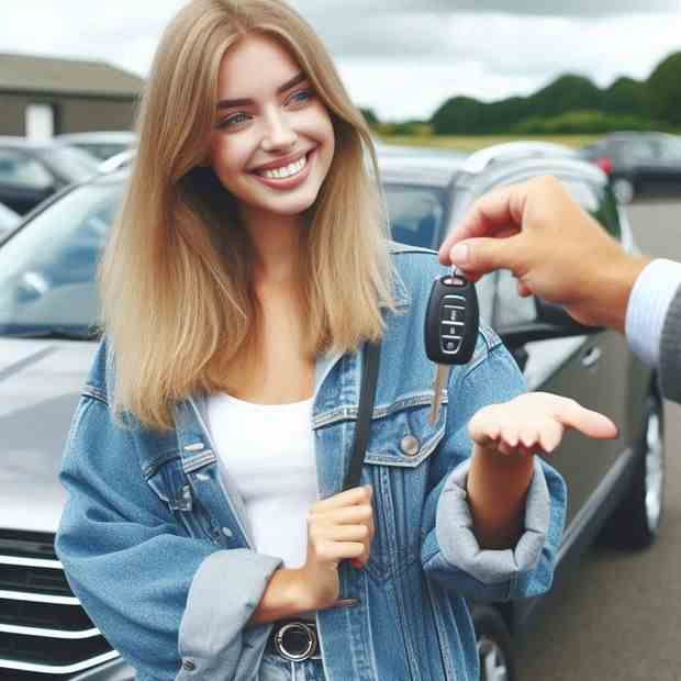 Satisfied woman leaning on her car door, beaming with pride.