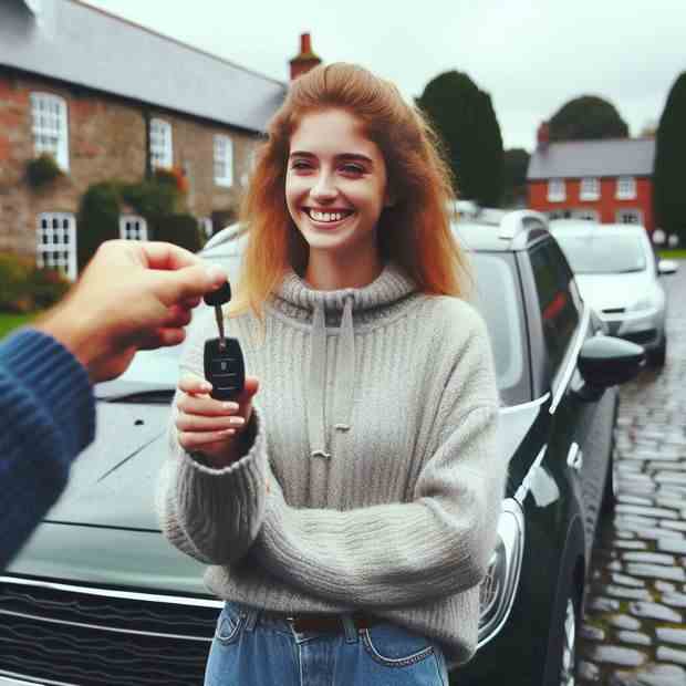 Thrilled car owner showcasing her vehicle after buying insurance.